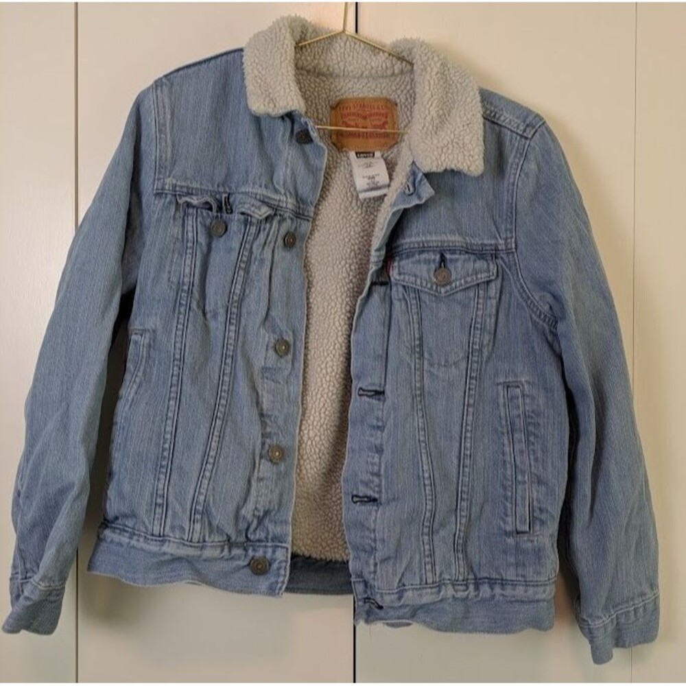 Levis Jacket Youth Large Blue Sherpa Lined Denim Trucker Fleece Collar 12-13
